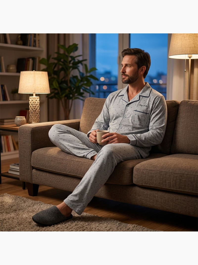 OZABI Pyjama Homme Long Boutonne Col Chemise Ultra Doux Bleu marine - Kiabi