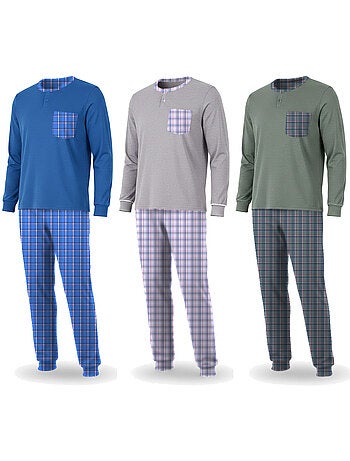 Ozabi pyjama homme long pack de 3, coton doublé polaire, col boutonné
