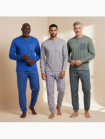 Ozabi pyjama homme long pack de 3, coton doublé polaire, col boutonné