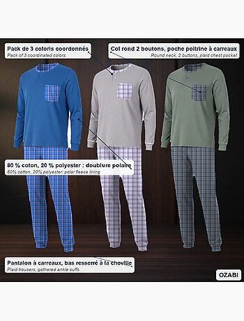 Ozabi pyjama homme long pack de 3, coton doublé polaire, col boutonné