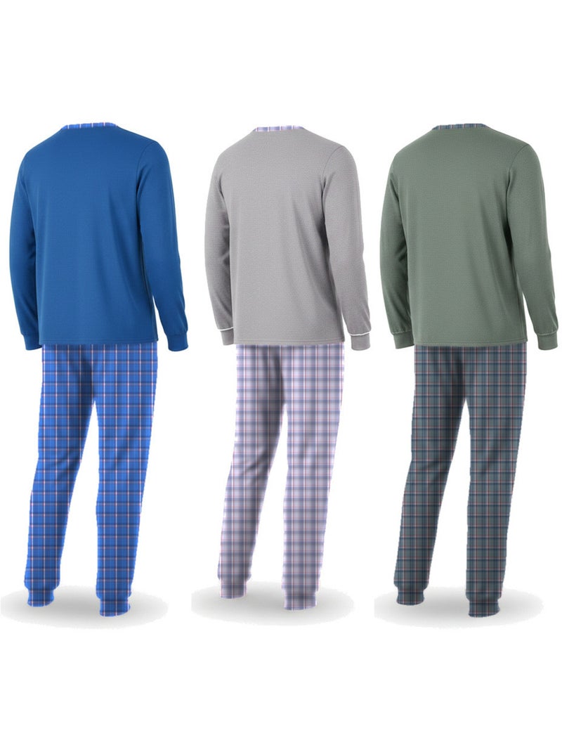 Ozabi pyjama homme long pack de 3, coton doublé polaire, col boutonné Bleu Vert Gris - Kiabi