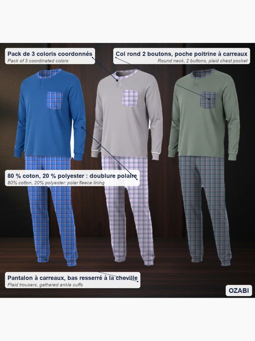 Ozabi pyjama homme long pack de 3, coton doublé polaire, col boutonné - Kiabi Ozabi pyjama homme long pack de 3, coton doublé polaire, col boutonné - Kiabi