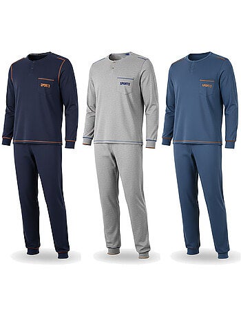 Ozabi pyjama homme long pack de 3, coton doublé polaire, col boutonné
