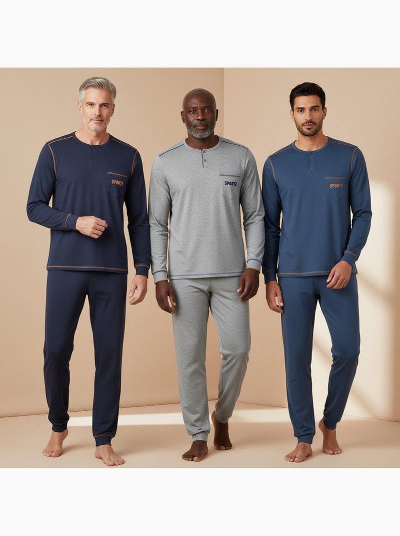 Ozabi pyjama homme long pack de 3, coton doublé polaire, col boutonné Gris Bleu marine Bleu - Kiabi