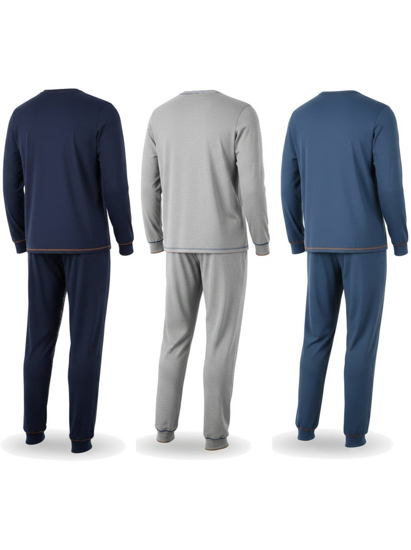 Ozabi pyjama homme long pack de 3, coton doublé polaire, col boutonné Gris Bleu marine Bleu - Kiabi