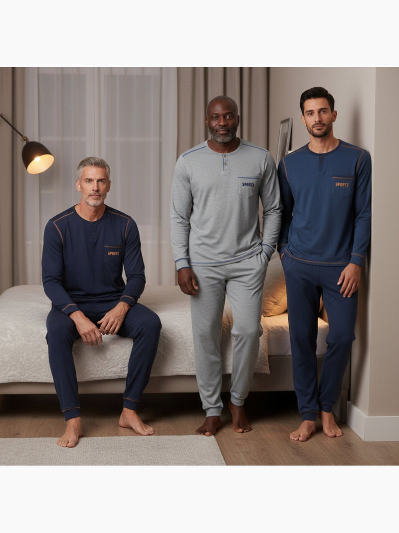 Ozabi pyjama homme long pack de 3, coton doublé polaire, col boutonné Gris Bleu marine Bleu - Kiabi
