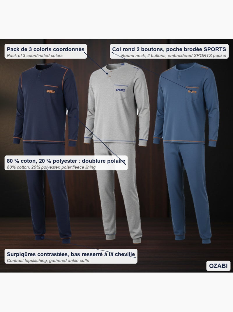 Ozabi pyjama homme long pack de 3, coton doublé polaire, col boutonné Gris Bleu marine Bleu - Kiabi