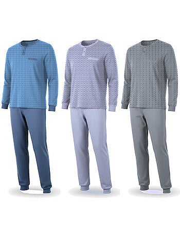 Ozabi pyjama homme long pack de 3, coton doublé polaire, col boutonné