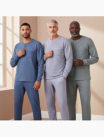 Ozabi pyjama homme long pack de 3, coton doublé polaire, col boutonné
