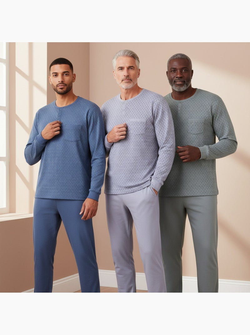 Ozabi pyjama homme long pack de 3, coton doublé polaire, col boutonné Gris Vert Bleu - Kiabi