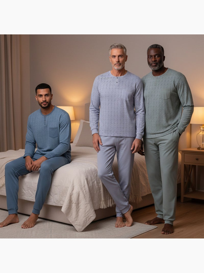 Ozabi pyjama homme long pack de 3, coton doublé polaire, col boutonné Gris Vert Bleu - Kiabi