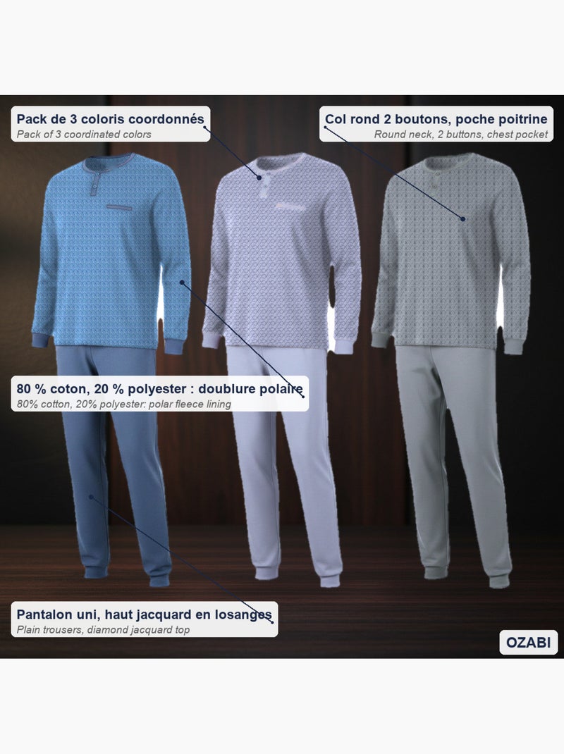 Ozabi pyjama homme long pack de 3, coton doublé polaire, col boutonné Gris Vert Bleu - Kiabi