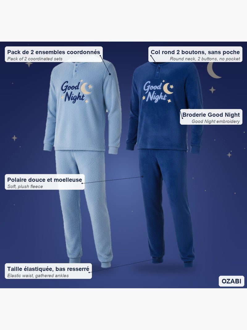 Ozabi pyjama homme pack de 2, polaire douce et moelleuse, broderie Bleu Bleu ciel - Kiabi