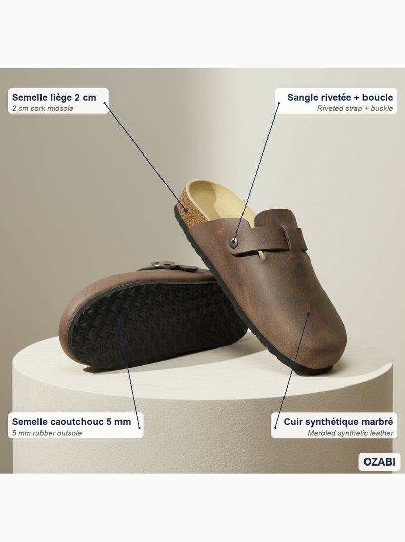 Ozabi sabots homme cuir synthétique boucle ajustable semelle liège Marron - Kiabi