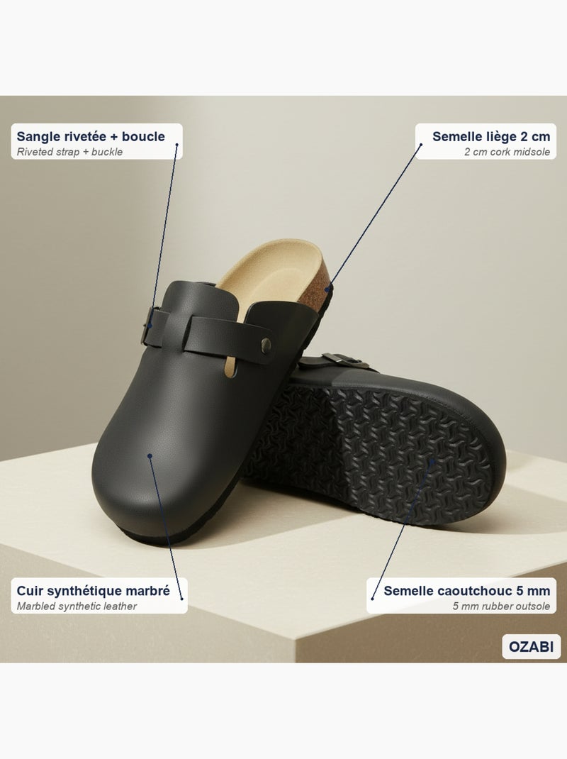 Ozabi sabots homme cuir synthétique boucle ajustable semelle liège Noir - Kiabi