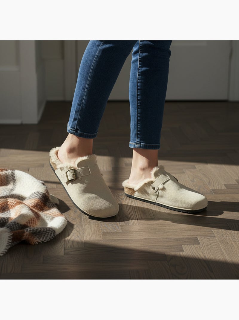 Ozabi sabots mules femme fourrées suédine boucle ajustable Beige - Kiabi