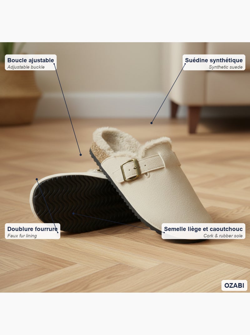 Ozabi sabots mules femme fourrées suédine boucle ajustable Beige - Kiabi