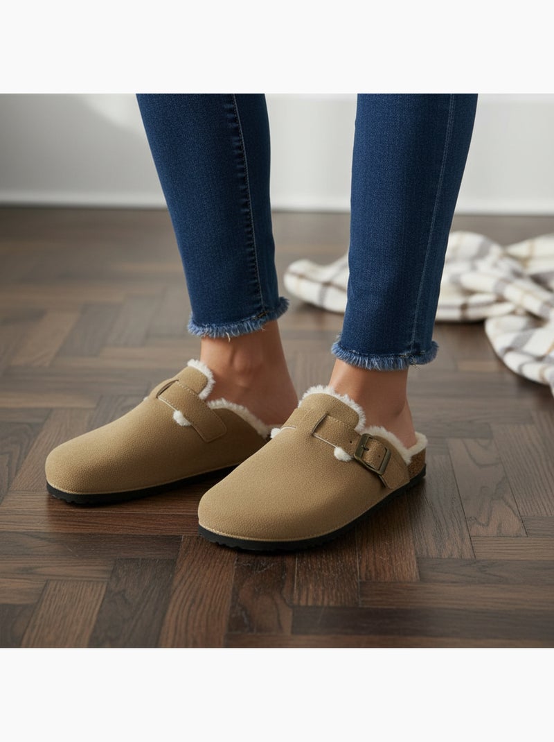 Ozabi sabots mules femme fourrées suédine boucle ajustable Marron clair - Kiabi