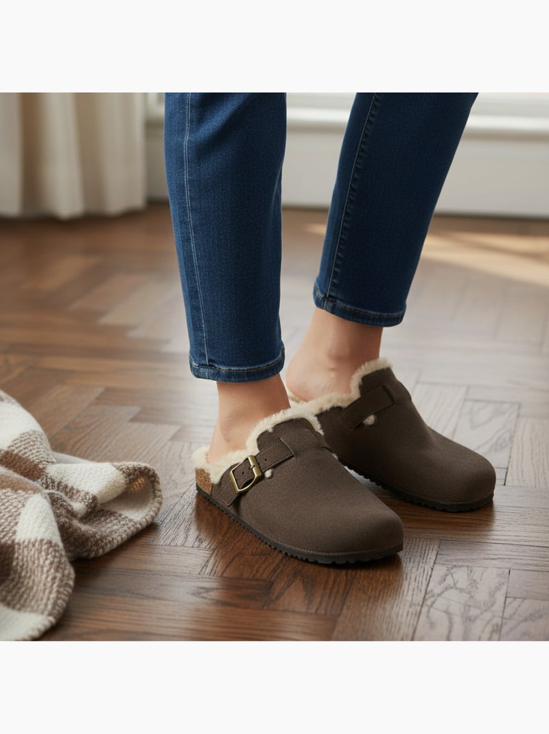 Ozabi sabots mules femme fourrées suédine boucle ajustable Marron - Kiabi