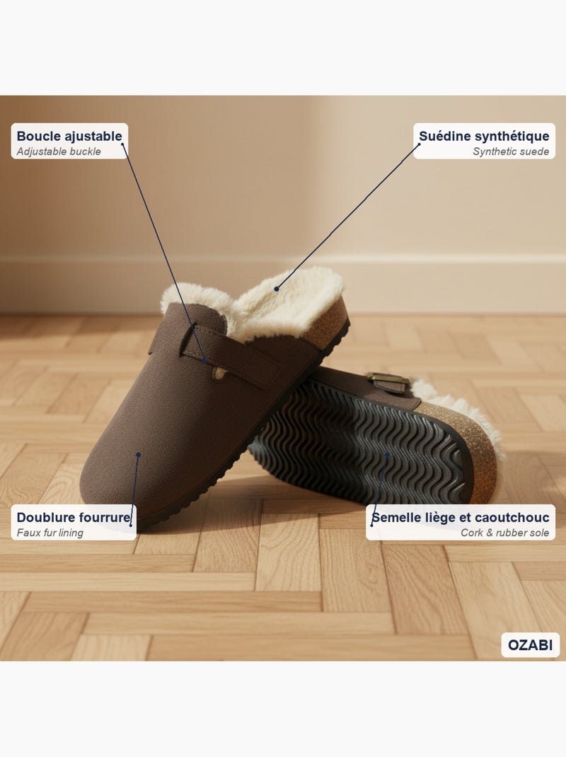 Ozabi sabots mules femme fourrées suédine boucle ajustable Marron - Kiabi