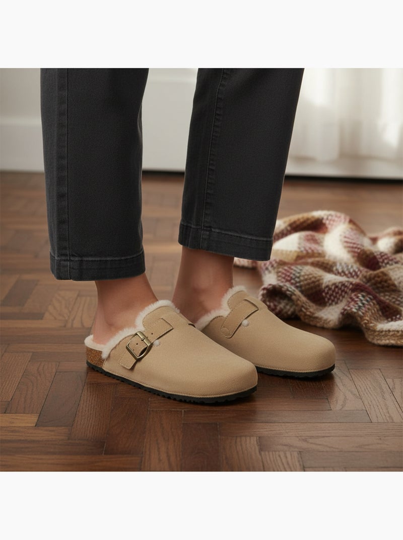 Ozabi sabots mules femme fourrées suédine boucle ajustable Taupe - Kiabi