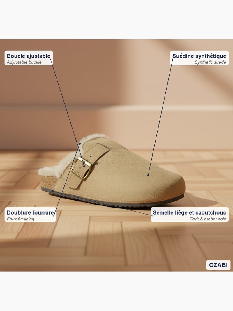 Ozabi sabots mules femme fourrées suédine boucle ajustable Taupe - Kiabi