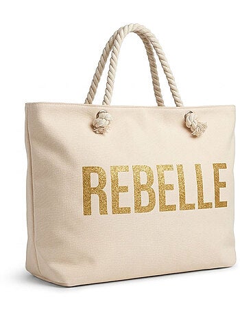 OZABI Sac de Plage Femme Jute Synthétique – Message Pailleté – Cordage