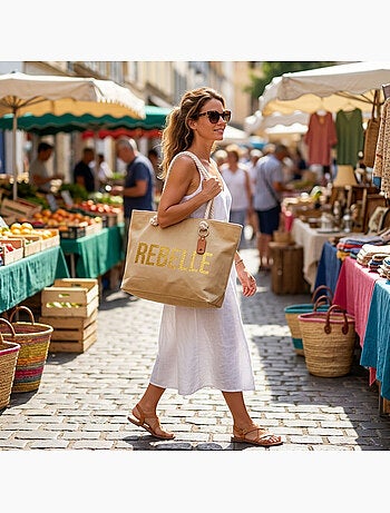 OZABI Sac de Plage Femme Jute Synthétique – Message Pailleté – Cordage
