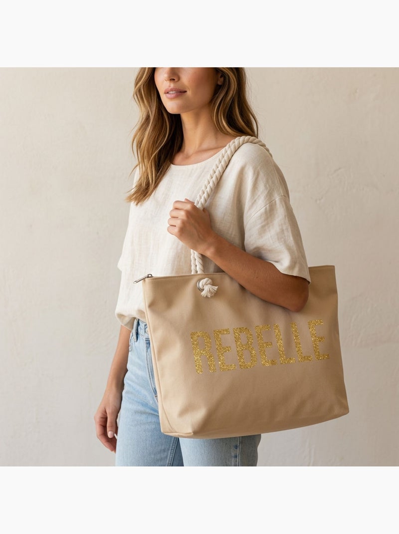 OZABI Sac de Plage Femme Jute Synthétique – Message Pailleté – Cordage Beige - Kiabi