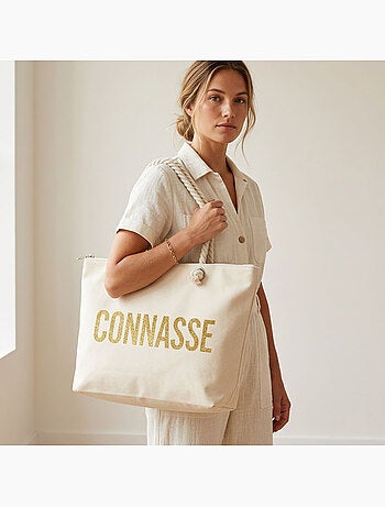 OZABI Sac de Plage Femme Jute Synthétique – Message Pailleté – Cordage