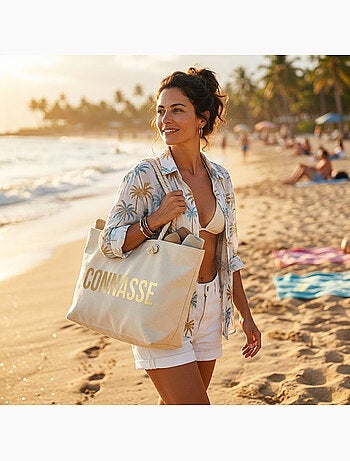 OZABI Sac de Plage Femme Jute Synthétique – Message Pailleté – Cordage