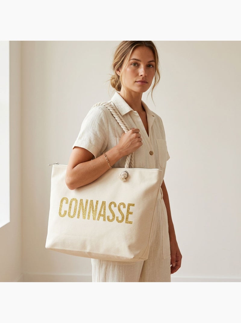 OZABI Sac de Plage Femme Jute Synthétique – Message Pailleté – Cordage Blanc cassé - Kiabi