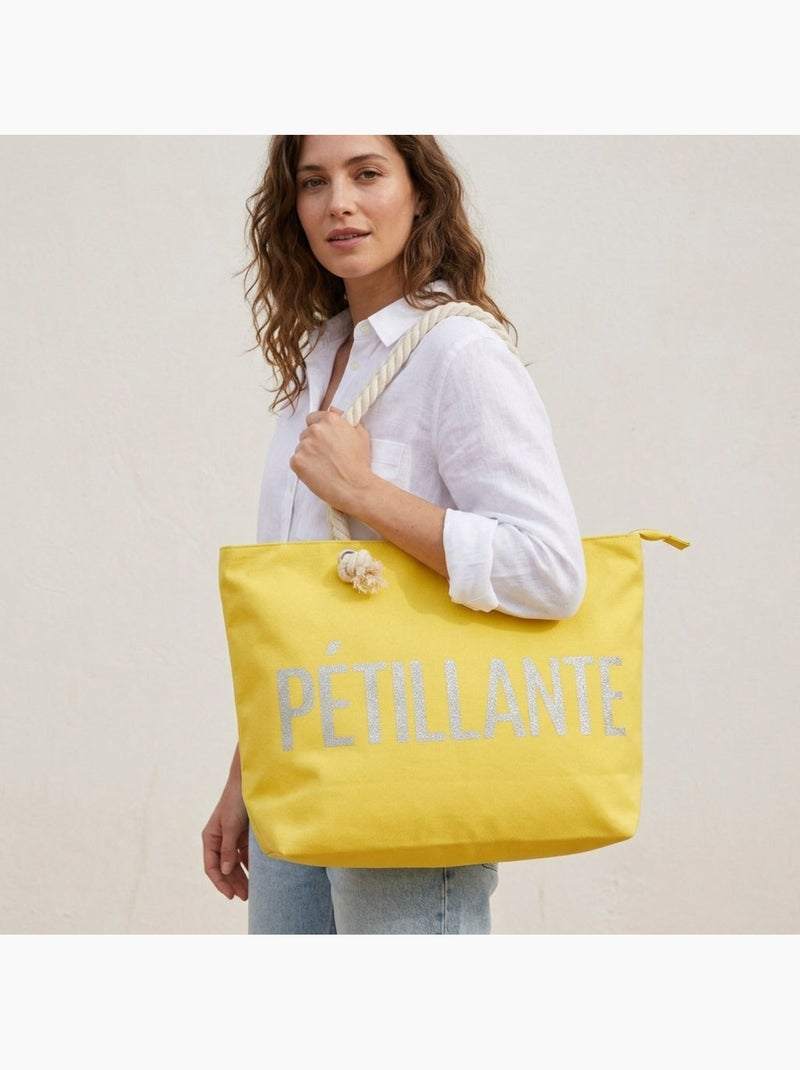 OZABI Sac de Plage Femme Jute Synthétique – Message Pailleté – Cordage Jaune - Kiabi