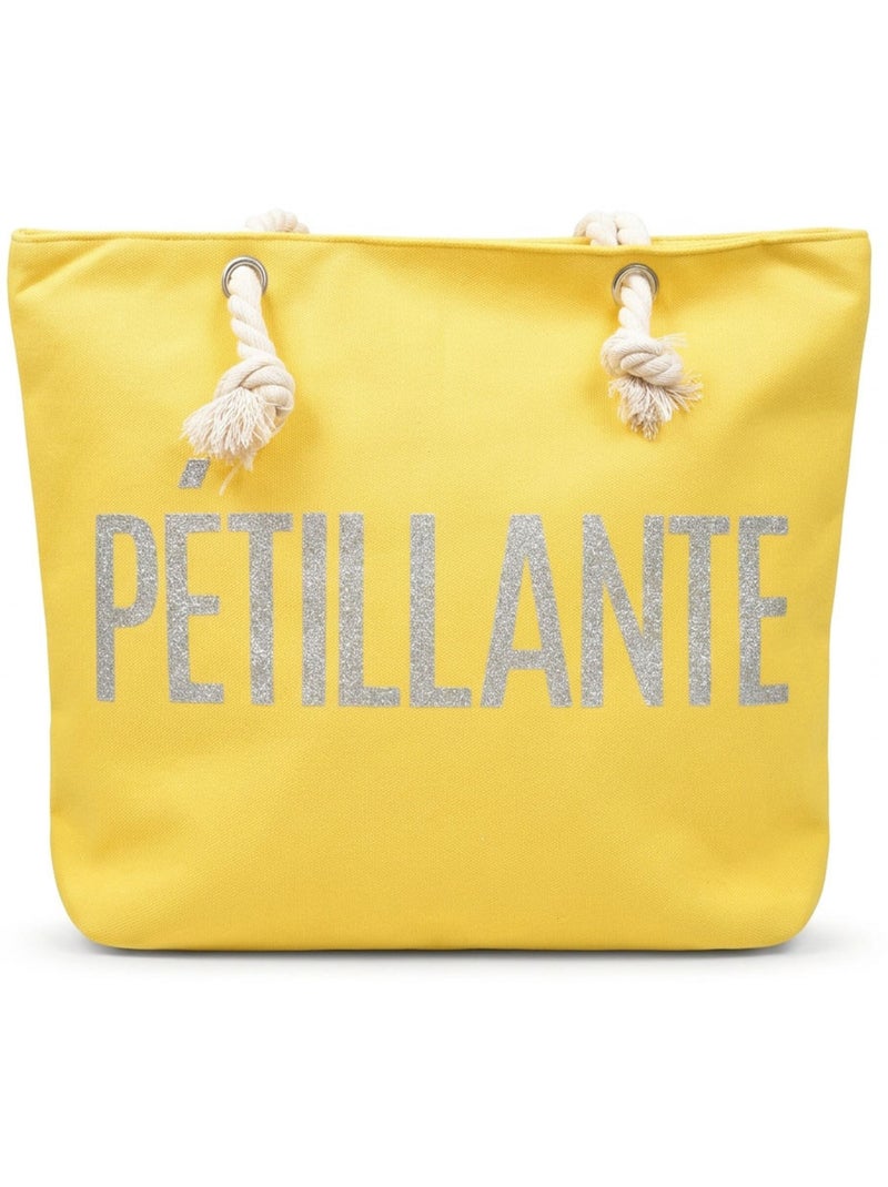 OZABI Sac de Plage Femme Jute Synthétique – Message Pailleté – Cordage Jaune - Kiabi