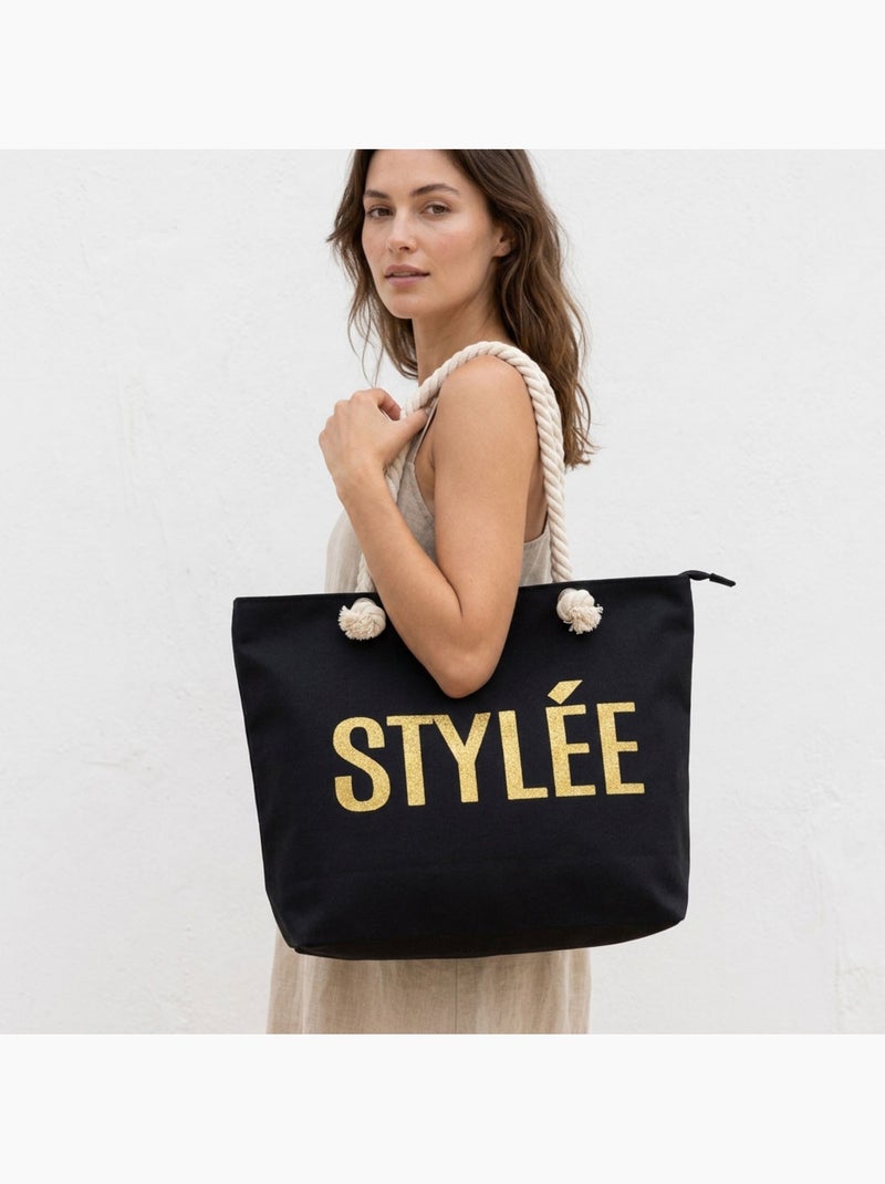 OZABI Sac de Plage Femme Jute Synthétique – Message Pailleté – Cordage Noir - Kiabi
