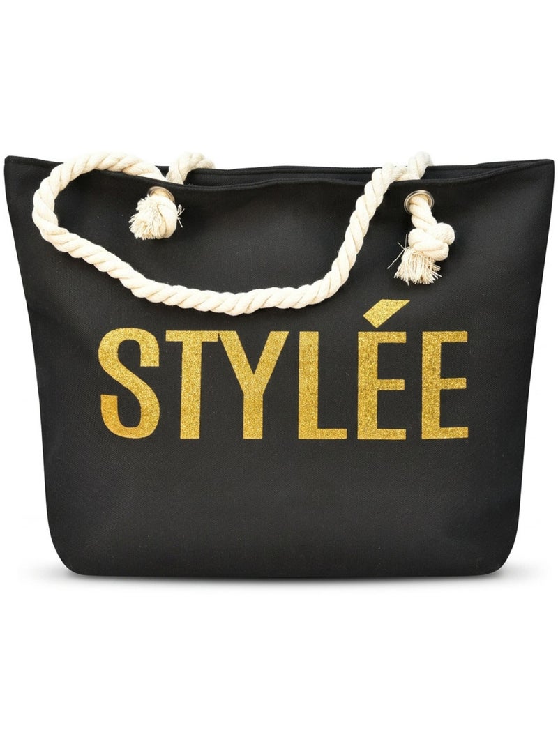 OZABI Sac de Plage Femme Jute Synthétique – Message Pailleté – Cordage Noir - Kiabi