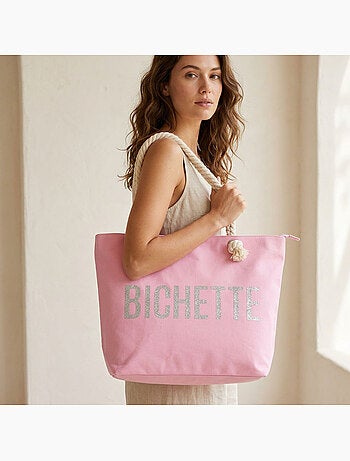 OZABI Sac de Plage Femme Jute Synthétique – Message Pailleté – Cordage