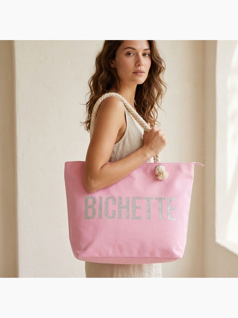 OZABI Sac de Plage Femme Jute Synthétique – Message Pailleté – Cordage Rose - Kiabi