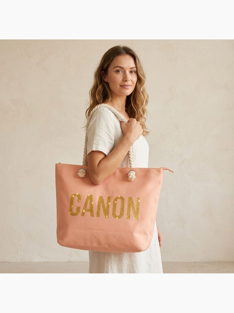 OZABI Sac de Plage Femme Jute Synthétique – Message Pailleté – Cordage Rose poudré - Kiabi