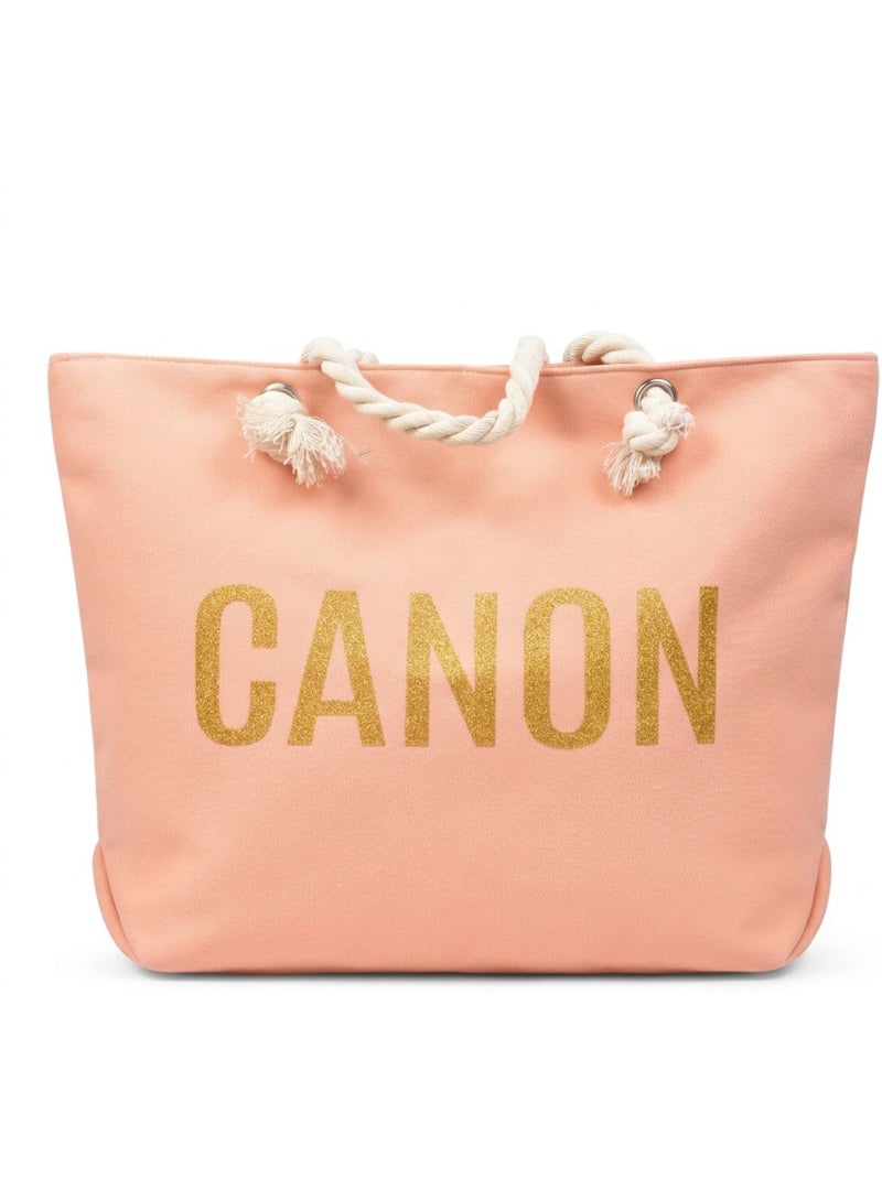 OZABI Sac de Plage Femme Jute Synthétique – Message Pailleté – Cordage Rose poudré - Kiabi