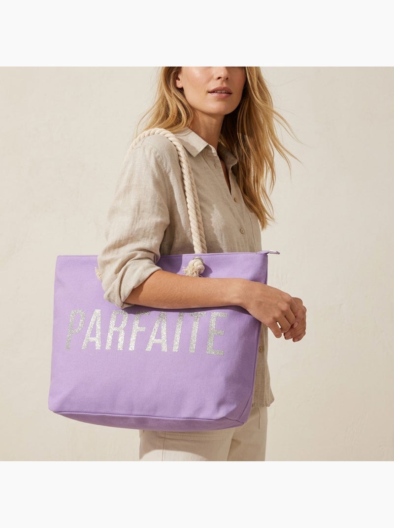 OZABI Sac de Plage Femme Jute Synthétique – Message Pailleté – Cordage Violet - Kiabi