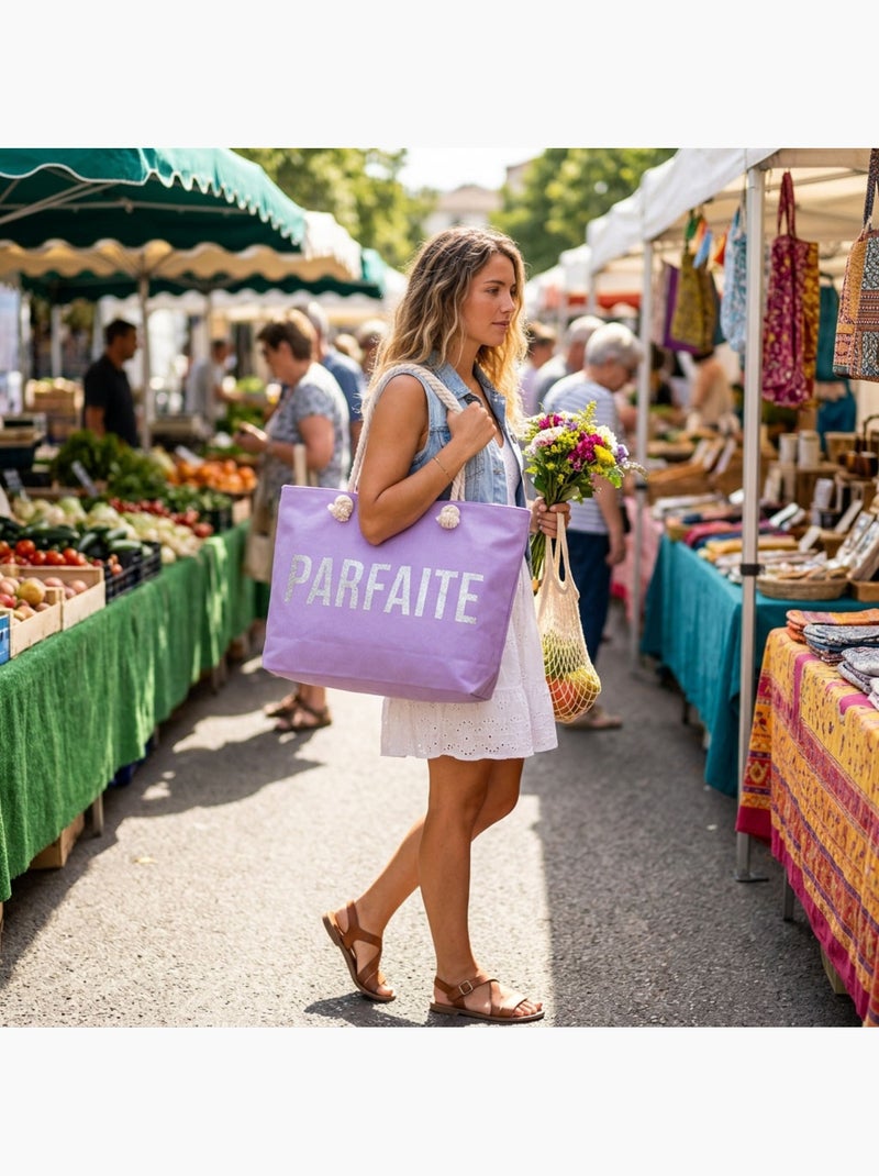 OZABI Sac de Plage Femme Jute Synthétique – Message Pailleté – Cordage Violet - Kiabi