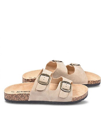 OZABI Sandales Mule 2 Boucles Nubuck Noir Beige Camel