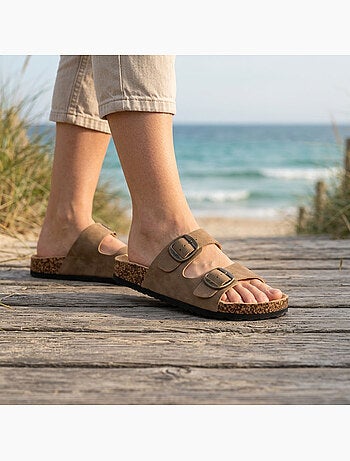 OZABI Sandales Mule 2 Boucles Nubuck Noir Beige Camel