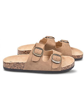 OZABI Sandales Mule 2 Boucles Nubuck Noir Beige Camel