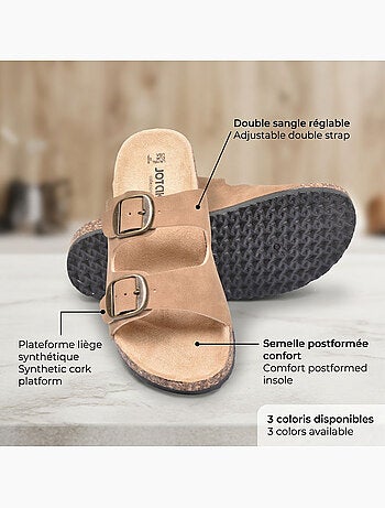 OZABI Sandales Mule 2 Boucles Nubuck Noir Beige Camel