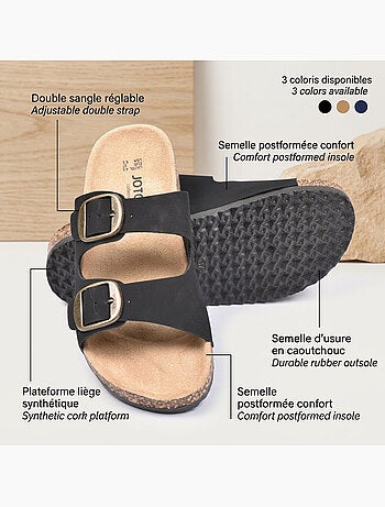 OZABI Sandales Mule 2 Boucles Nubuck Noir Beige Camel