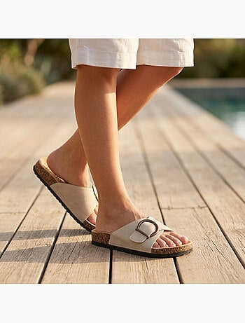OZABI Sandales Mule Boucle Ronde Nubuck Noir Beige