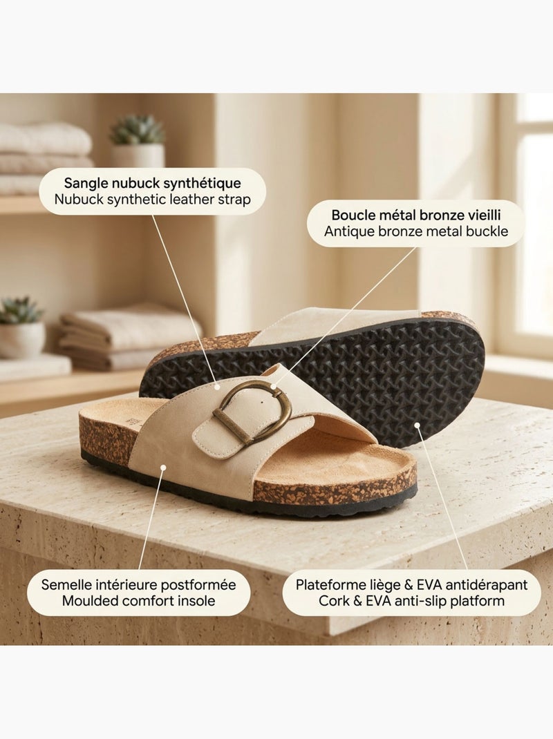 OZABI Sandales Mule Boucle Ronde Nubuck Noir Beige Beige - Kiabi