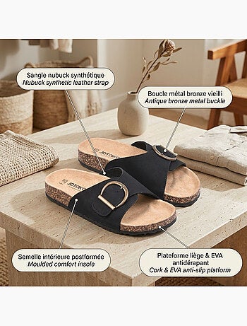 OZABI Sandales Mule Boucle Ronde Nubuck Noir Beige